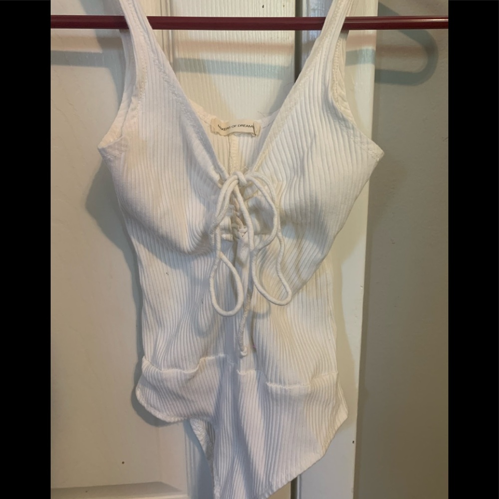 Makers of Dreams White Laceup Ribbed Bodysuit